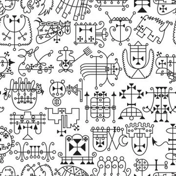 Seamless pattern with demon symbols and their sigils. Occult sings collection 库存插图