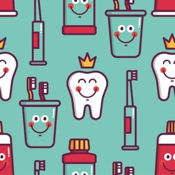 Seamless pattern with dental elements teeth, crown, floss, toothpaste, brush Stock Illustration