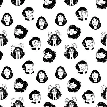 Seamless pattern with depressed, crying and sad girl portraits. Anxiety, mental Stock Illustration