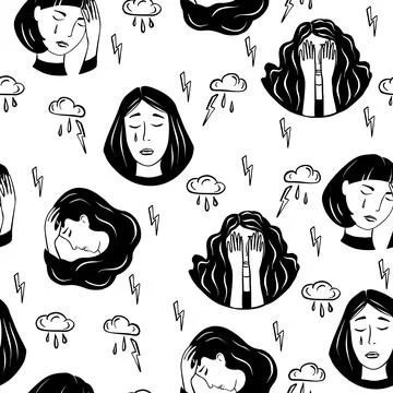 Seamless pattern with depressed, crying and sad girl portraits. Anxiety, mental Stock Illustration