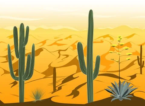 Seamless pattern with desert landscape and cacti silhouettes in vector Stock Illustration