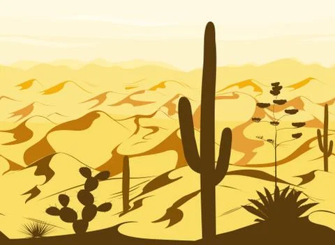 Seamless pattern with desert landscape and cacti silhouettes in vector Stock Illustration