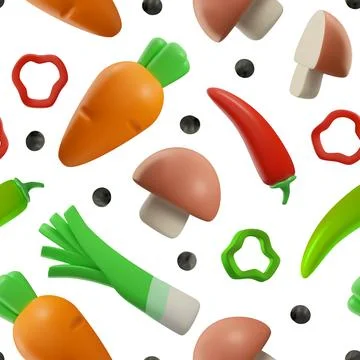 Seamless pattern design with 3D food objects realistic vector illustration. Illustrazione stock