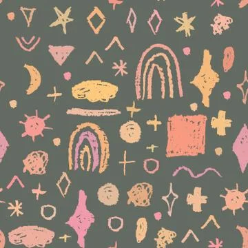 Seamless pattern design abstract sky stars rainbow sun rectangle, simple Natu Stockillustratie