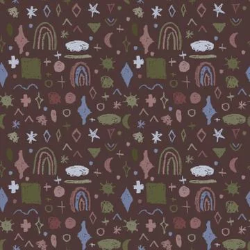 Seamless pattern design abstract sky stars rainbow sun rectangle, simple Natu Stock Illustration