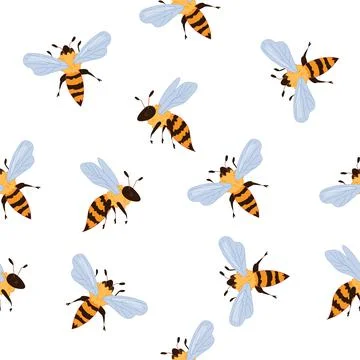 Seamless pattern with design of bees, flat vector illustration on white. Stock Illustration
