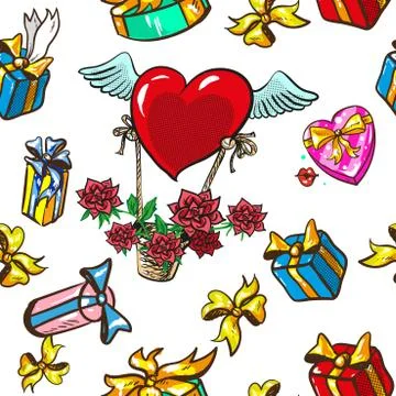 Seamless pattern design boxes with gifts and basket with winged heart and roses Stock Illustration