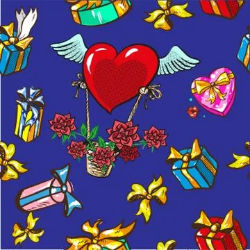 Seamless pattern design boxes with gifts and basket with winged heart and roses Stock Illustration