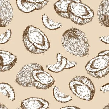 Seamless pattern design with coconuts hand drawn vintage vector illustration. Stock Illustration