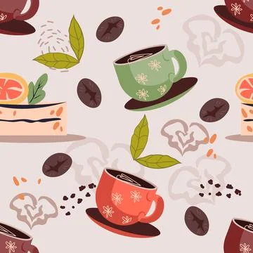 Seamless pattern design with coffee cups and cake, vector illustration. Stock Illustration