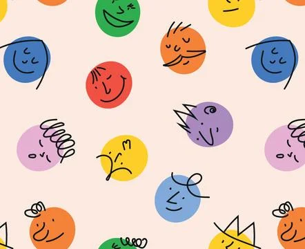 Seamless Pattern Design with Colorful Doodle Faces, Abstract Human Emotions.. Stock Illustration