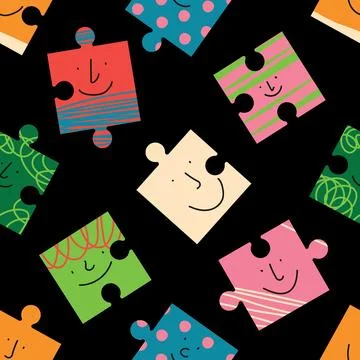 Seamless Pattern Design with Colorful Jigsaw Puzzle Pieces, Cute Doodle Fac.. Stock Illustration