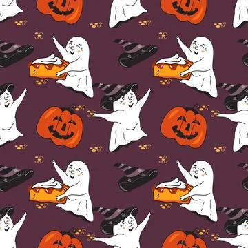 Seamless pattern design with cute Halloween ghost character with pumpkin. 스톡 일러스트