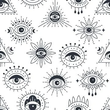 Seamless pattern design with Evil doodle eye. Hand drawn witchcraft eye talisman Stock Illustration