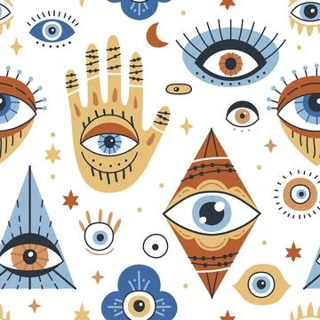 Seamless pattern design with Evil Eye, Hamsa, Hand of Fatima. Stock Illustration