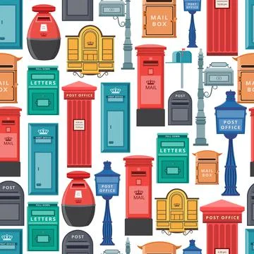 Seamless pattern design with fantasy mail boxes, flat vector illustration. Illustrazione stock