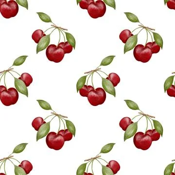Seamless pattern design featuring cherries and leaves in watercolor style Stock Illustration
