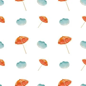 Seamless pattern design featuring colorful umbrellas and shells in watercol.. Stock Photos