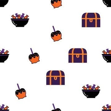 Seamless Pattern Design Featuring Cute Halloween Icons Like Candy Apples An.. 스톡 일러스트