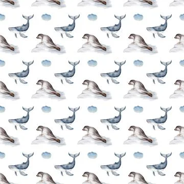 Seamless pattern design featuring playful whales and seals in a whimsical o.. Stock Illustration