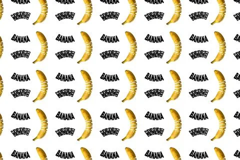 Seamless pattern design featuring realistic yellow bananas and warped black text Stock Illustration
