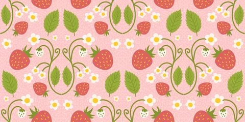 Seamless pattern design featuring strawberries, adorable berries, flowers, .. Stock Illustration