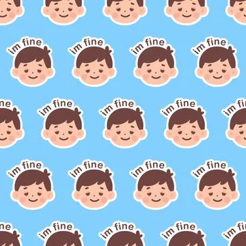 Seamless Pattern Design Featuring Tired Boy Emoticons with I am Fine Text Stock-Illustration