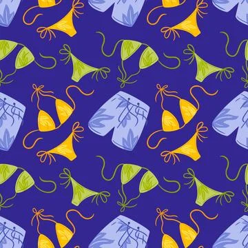 A seamless pattern design featuring vibrant swim shorts and bikini illustrations Stock Illustration