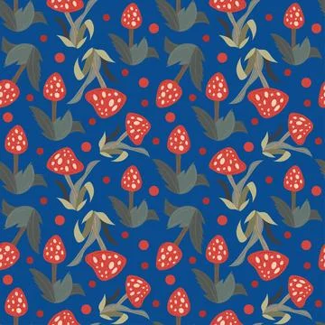 Seamless pattern design fly agaric red with cute mushroom. Flat illustraion Stock Illustration