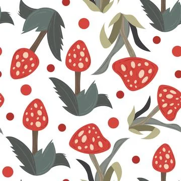 Seamless pattern design fly agaric red with cute mushroom. Childish print for Stock Illustration