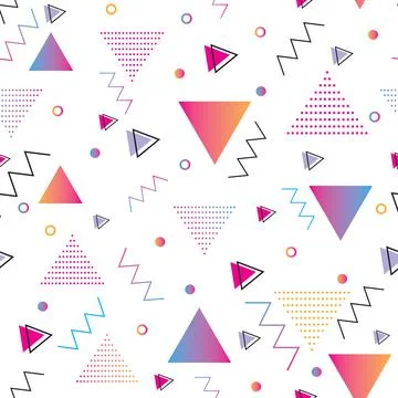 Seamless pattern design of geometric colorful shapes, Memphis style, triangle Stock Illustration