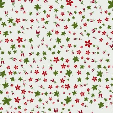 Seamless pattern design with green leaves and red flowers on neutral backgrou Stock Illustration