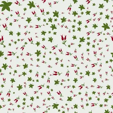 Seamless pattern design with green leaves and red buds on neutral background Illustrazione stock