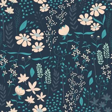 Seamless pattern design with hand drawn flowers and floral elements Stockillustratie