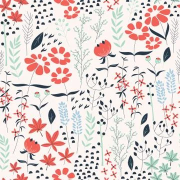 Seamless pattern design with hand drawn flowers and floral elements Stock Illustration