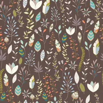 Seamless pattern design with hand drawn flowers, floral elements and feathers 스톡 일러스트