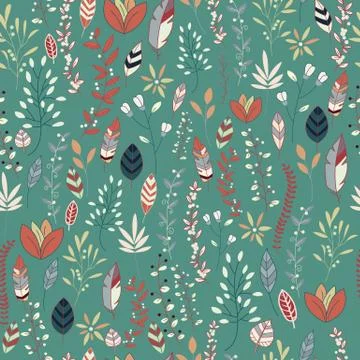 Seamless pattern design with hand drawn flowers, floral elements and feathers 스톡 일러스트