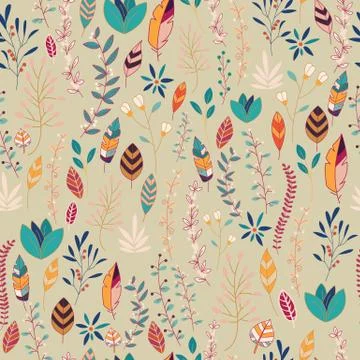 Seamless pattern design with hand drawn flowers, floral elements and feathers イラスト素材
