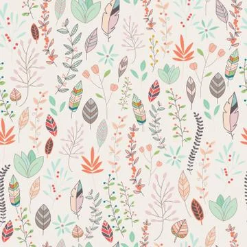 Seamless pattern design with hand drawn flowers, floral elements and feathers Stock Illustration