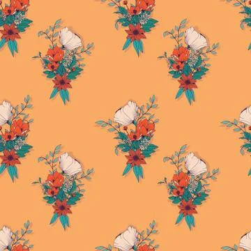 Seamless pattern design with hand drawn flowers and floral elements Stock Illustration