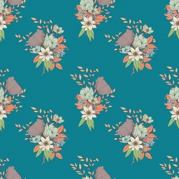 Seamless pattern design with hand drawn flowers and floral elements Stockillustratie