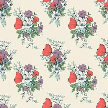 Seamless pattern design with hand drawn flowers and floral elements Stock Illustration