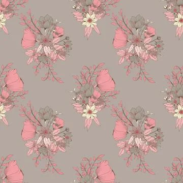 Seamless pattern design with hand drawn flowers and floral elements Stock Illustration