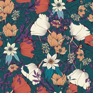 Seamless pattern design with hand drawn flowers and floral elements 库存插图