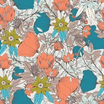 Seamless pattern design with hand drawn flowers and floral elements Stock Illustration