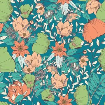 Seamless pattern design with hand drawn flowers and floral elements イラスト素材