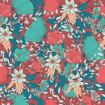 Seamless pattern design with hand drawn flowers and floral elements Stock Illustration