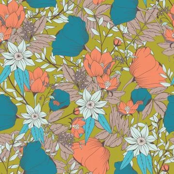 Seamless pattern design with hand drawn flowers and floral elements Stock Illustration