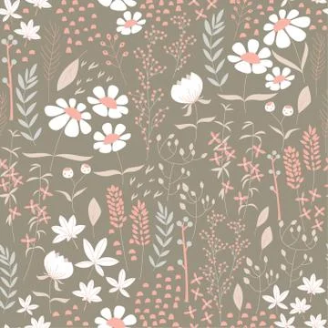 Seamless pattern design with hand drawn flowers and floral elements Stock Illustration