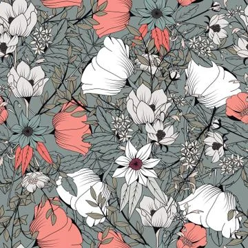Seamless pattern design with hand drawn flowers and floral elements Stock Illustration